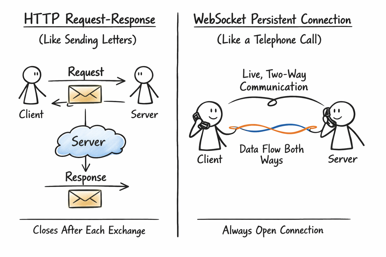 Diagram comparing HTTP's request-response model (like sending letters) to WebSocket's persistent connection (like a telephone call).
